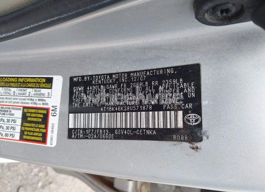 Photo 9 of 2008 Toyota Camry LE V6 (VIN 4T1BK46K28U571878)