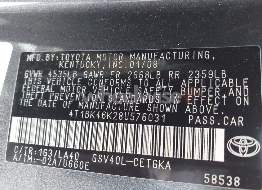 Photo 9 of 2008 Toyota Camry XLE V6 (VIN 4T1BK46K28U576031)
