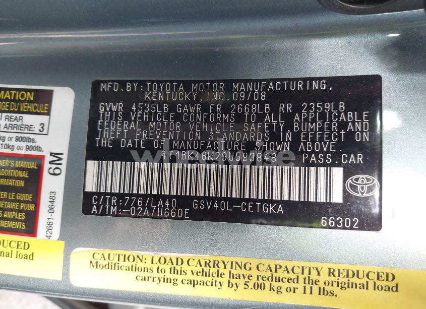 Photo 9 of 2009 Toyota Camry XLE V6 (VIN 4T1BK46K29U593848)