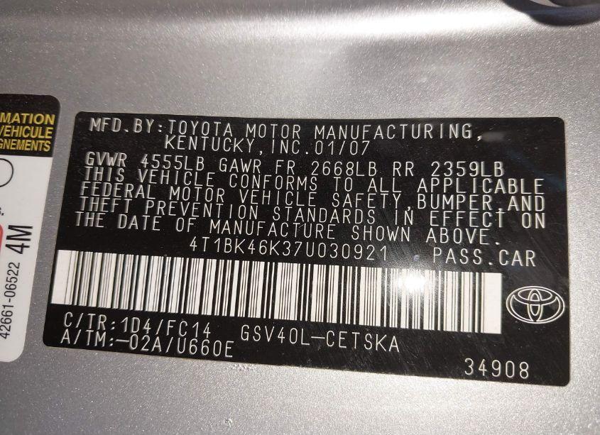 Photo 9 of 2007 Toyota Camry SE V6 (VIN 4T1BK46K37U030921)