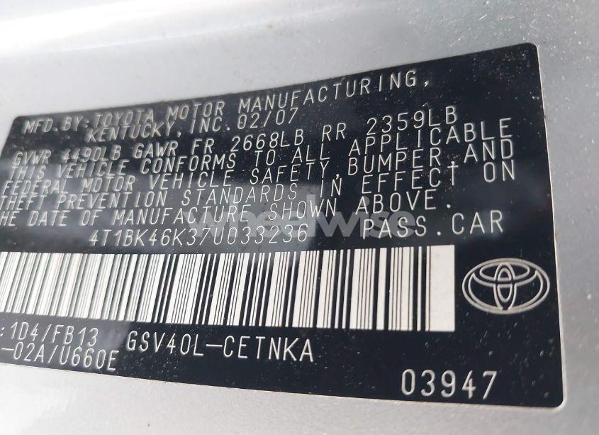 Photo 9 of 2007 Toyota Camry LE V6/SE V6/XLE V6 (VIN 4T1BK46K37U033236)