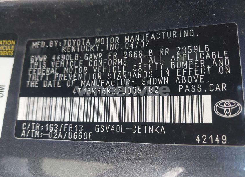 Photo 9 of 2007 Toyota Camry LE V6 (VIN 4T1BK46K37U039182)