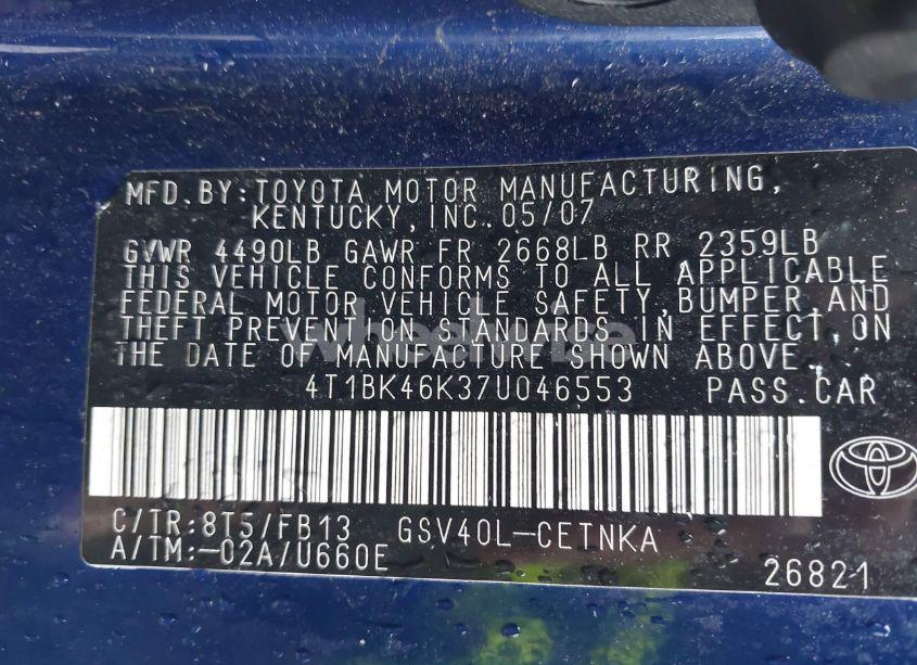 Photo 9 of 2007 Toyota Camry LE V6 (VIN 4T1BK46K37U046553)