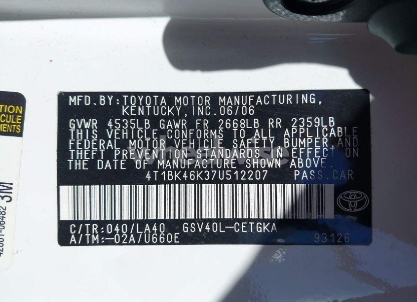 Photo 9 of 2007 Toyota Camry XLE V6 (VIN 4T1BK46K37U512207)