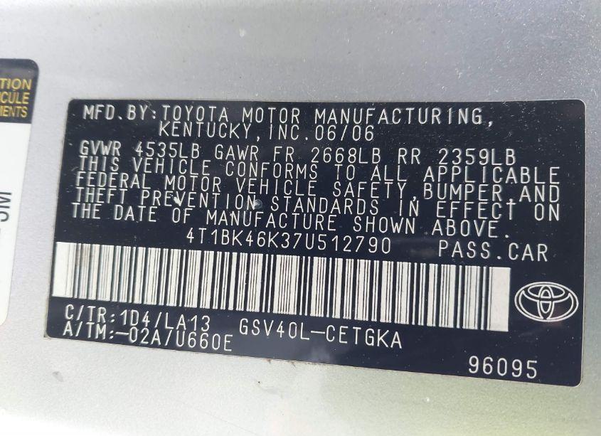 Photo 9 of 2007 Toyota Camry XLE V6 (VIN 4T1BK46K37U512790)