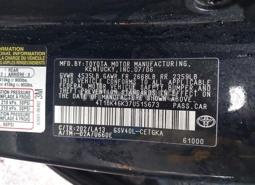 Photo 9 of 2007 Toyota Camry XLE V6 (VIN 4T1BK46K37U515673)