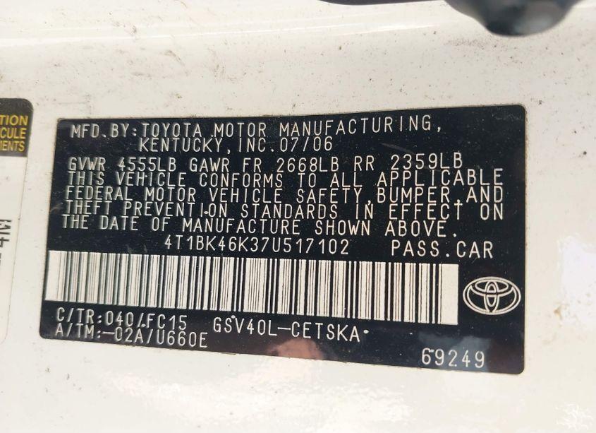 Photo 9 of 2007 Toyota Camry SE V6 (VIN 4T1BK46K37U517102)
