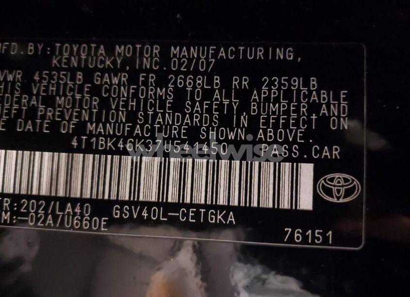 Photo 9 of 2007 Toyota Camry XLE V6 (VIN 4T1BK46K37U541450)