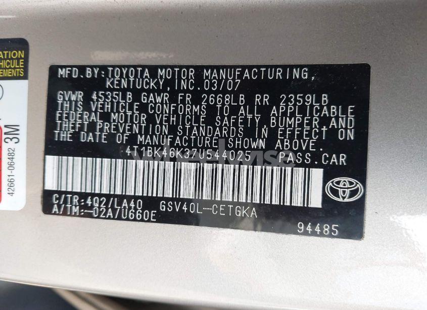 Photo 9 of 2007 Toyota Camry XLE V6 (VIN 4T1BK46K37U544025)