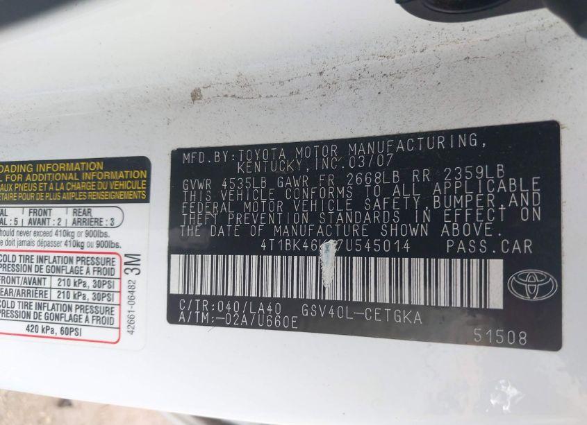 Photo 9 of 2007 Toyota Camry XLE V6 (VIN 4T1BK46K37U545014)