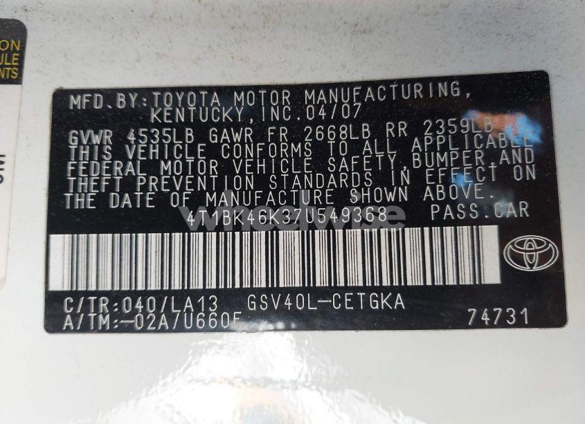 Photo 12 of 2007 Toyota Camry XLE V6 (VIN 4T1BK46K37U549368)