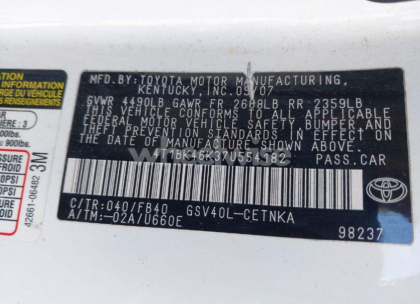 Photo 9 of 2007 Toyota Camry LE V6 (VIN 4T1BK46K37U554182)