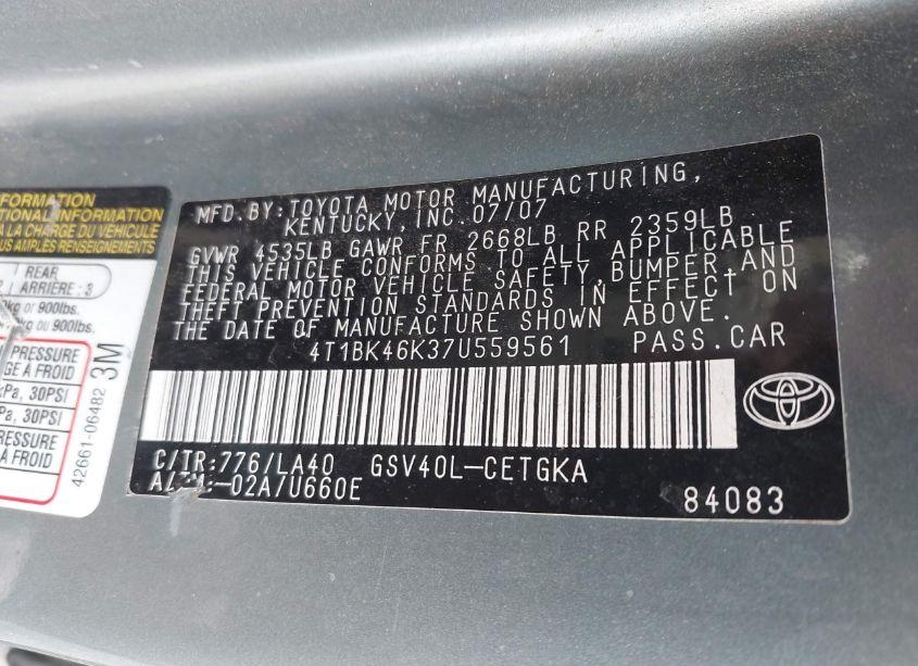 Photo 9 of 2007 Toyota Camry XLE V6 (VIN 4T1BK46K37U559561)
