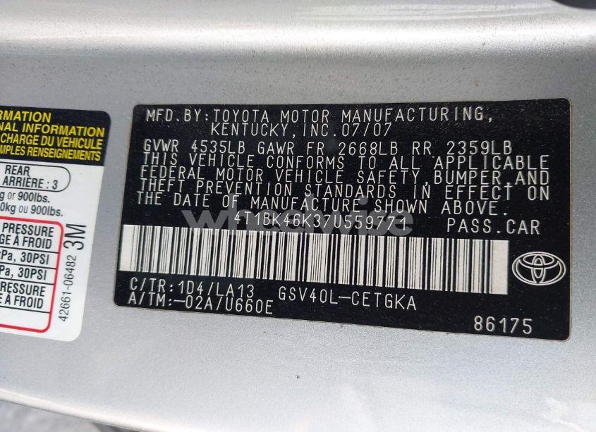 Photo 9 of 2007 Toyota Camry XLE V6 (VIN 4T1BK46K37U559771)