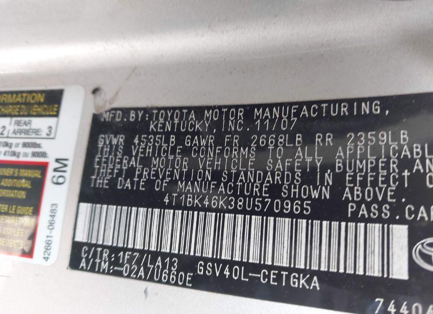 Photo 9 of 2008 Toyota Camry XLE V6 (VIN 4T1BK46K38U570965)