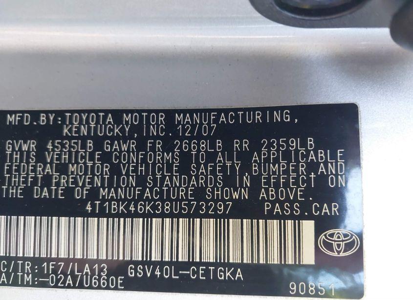 Photo 9 of 2008 Toyota Camry XLE V6 (VIN 4T1BK46K38U573297)