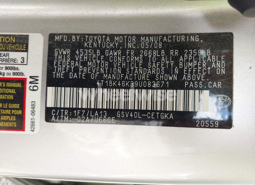 Photo 9 of 2009 Toyota Camry XLE V6 (VIN 4T1BK46K39U083671)