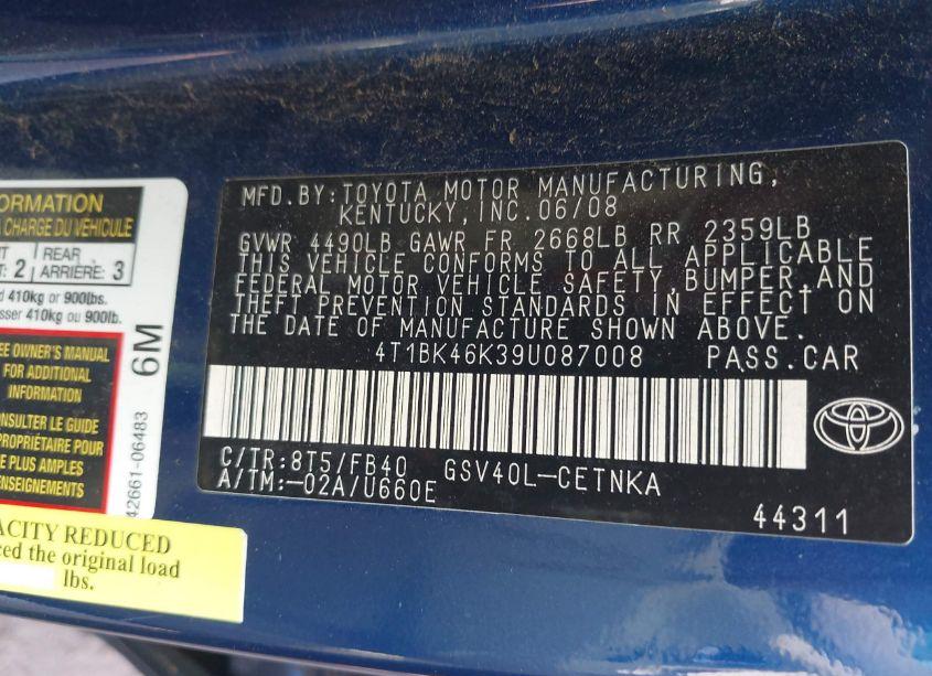 Photo 9 of 2009 Toyota Camry LE V6 (VIN 4T1BK46K39U087008)