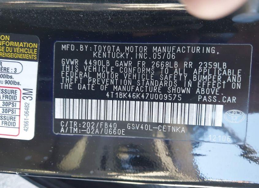 Photo 9 of 2007 Toyota Camry LE V6 (VIN 4T1BK46K47U009575)