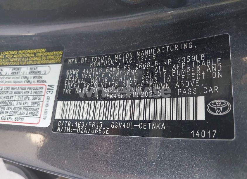 Photo 9 of 2007 Toyota Camry LE V6 (VIN 4T1BK46K47U028255)