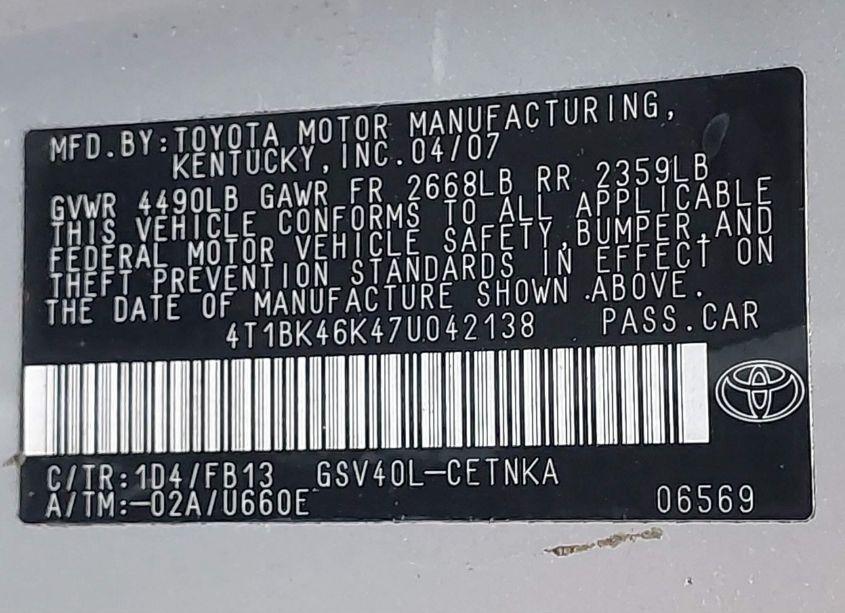 Photo 9 of 2007 Toyota Camry LE V6 (VIN 4T1BK46K47U042138)