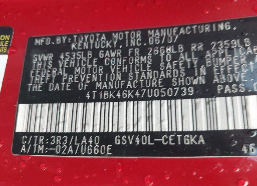 Photo 9 of 2007 Toyota Camry XLE V6 (VIN 4T1BK46K47U050739)