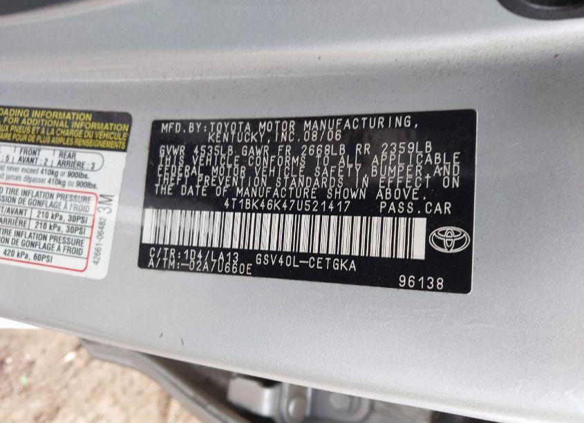 Photo 9 of 2007 Toyota Camry XLE V6 (VIN 4T1BK46K47U521417)
