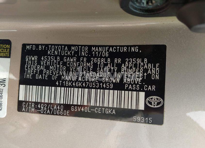 Photo 9 of 2007 Toyota Camry XLE V6 (VIN 4T1BK46K47U531459)