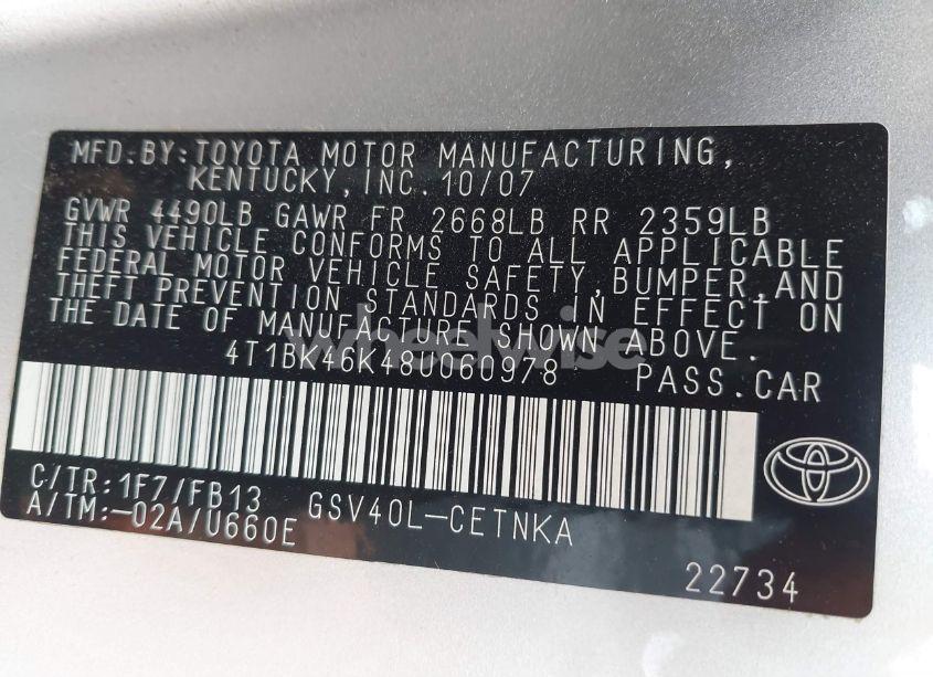 Photo 9 of 2008 Toyota Camry LE V6 (VIN 4T1BK46K48U060978)