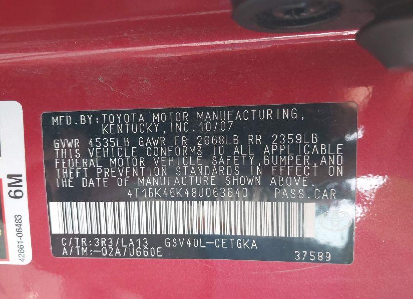 Photo 9 of 2008 Toyota Camry XLE V6 (VIN 4T1BK46K48U063640)