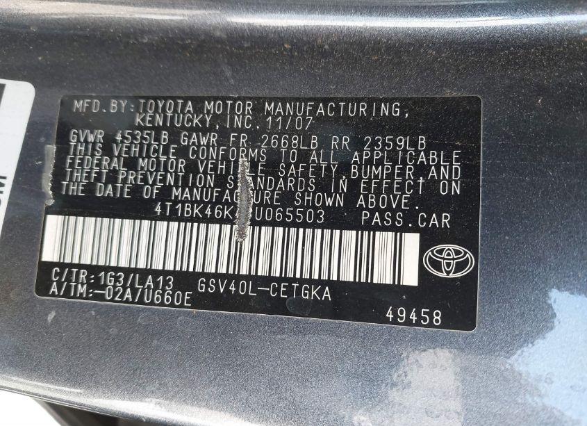 Photo 9 of 2008 Toyota Camry XLE V6 (VIN 4T1BK46K48U065503)
