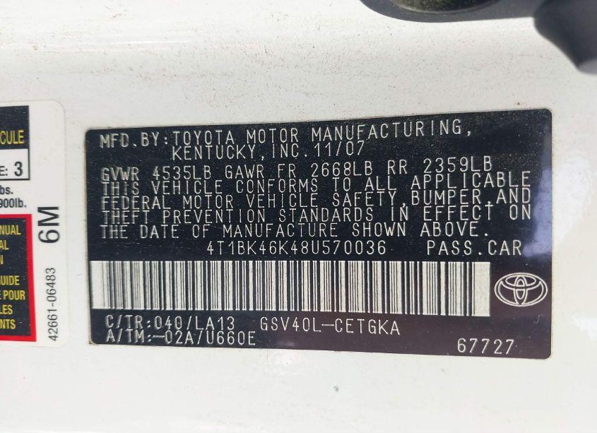 Photo 9 of 2008 Toyota Camry XLE V6 (VIN 4T1BK46K48U570036)