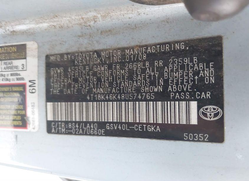 Photo 9 of 2008 Toyota Camry XLE V6 (VIN 4T1BK46K48U574765)