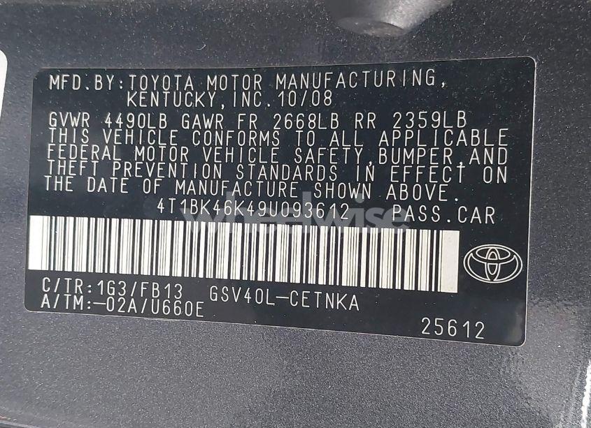 Photo 9 of 2009 Toyota Camry LE V6 (VIN 4T1BK46K49U093612)