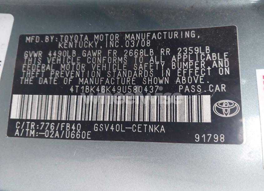 Photo 9 of 2009 Toyota Camry LE V6 (VIN 4T1BK46K49U580437)