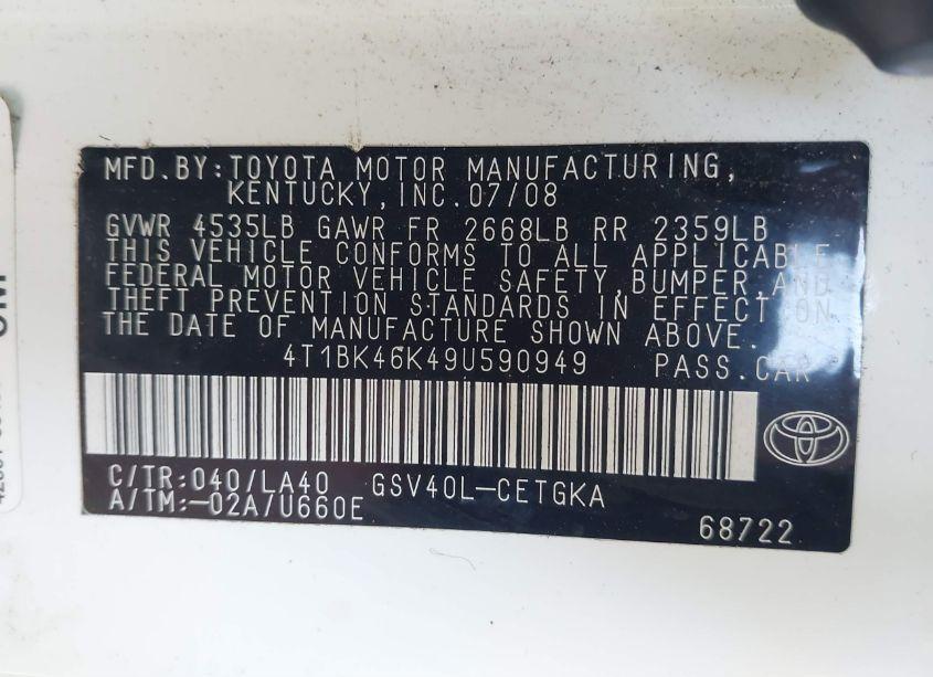 Photo 9 of 2009 Toyota Camry XLE V6 (VIN 4T1BK46K49U590949)