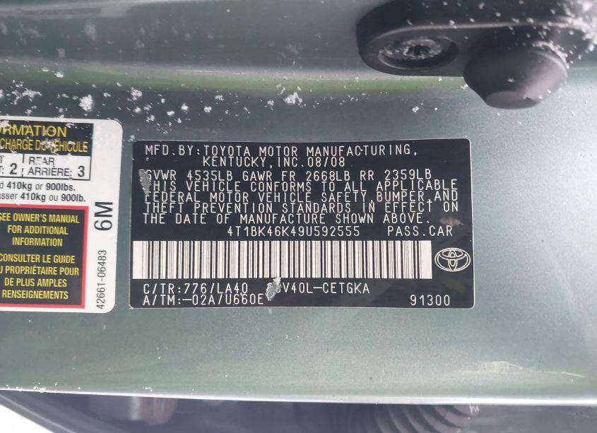 Photo 9 of 2009 Toyota Camry XLE V6 (VIN 4T1BK46K49U592555)