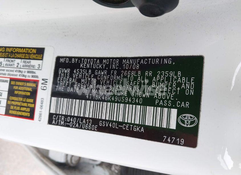 Photo 9 of 2009 Toyota Camry XLE V6 (VIN 4T1BK46K49U594340)