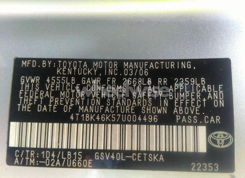 Photo 9 of 2007 Toyota Camry SE V6 (VIN 4T1BK46K57U004496)