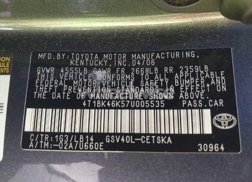 Photo 9 of 2007 Toyota Camry SE V6 (VIN 4T1BK46K57U005535)