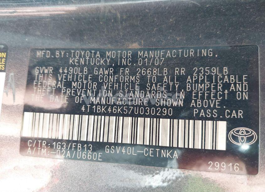 Photo 9 of 2007 Toyota Camry LE V6 (VIN 4T1BK46K57U030290)