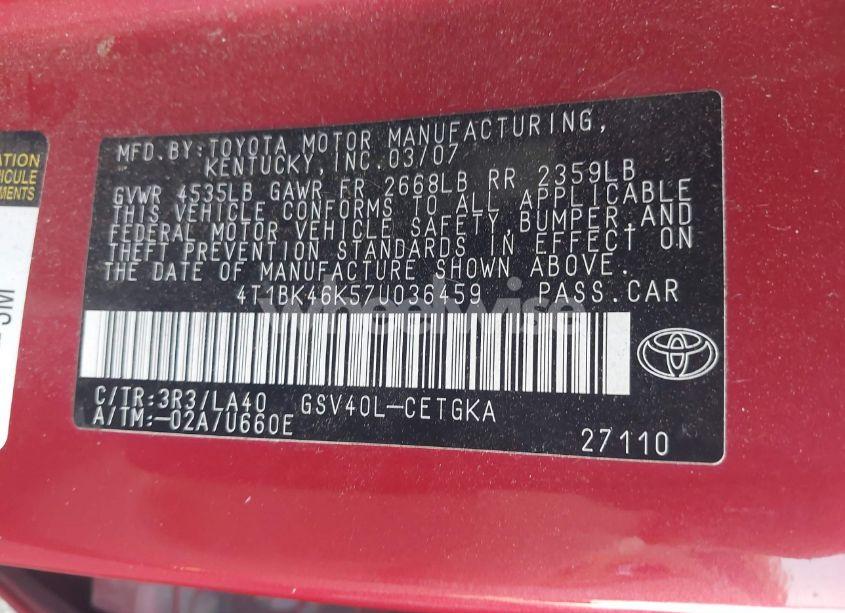 Photo 9 of 2007 Toyota Camry XLE V6 (VIN 4T1BK46K57U036459)