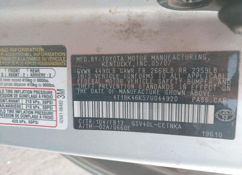 Photo 9 of 2007 Toyota Camry LE V6 (VIN 4T1BK46K57U044920)