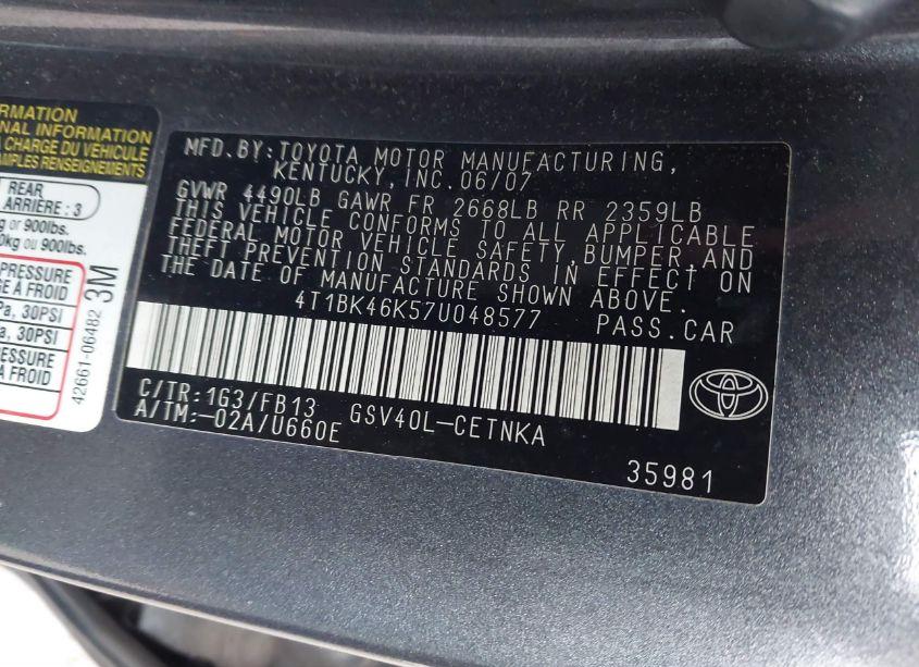 Photo 9 of 2007 Toyota Camry LE V6 (VIN 4T1BK46K57U048577)