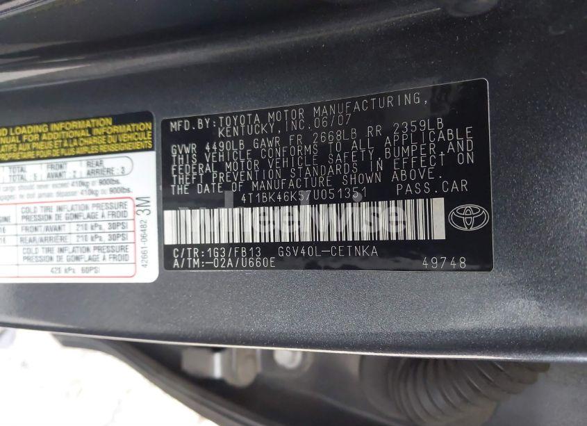 Photo 9 of 2007 Toyota Camry LE V6 (VIN 4T1BK46K57U051351)