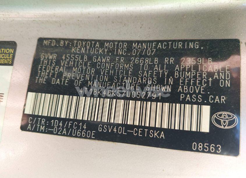 Photo 9 of 2007 Toyota Camry SE V6 (VIN 4T1BK46K57U052791)