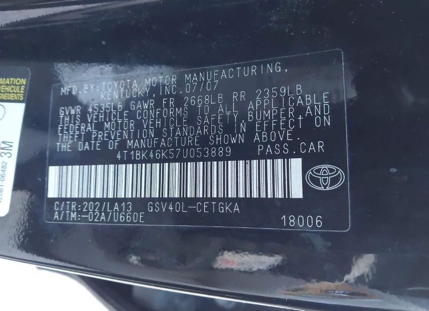 Photo 9 of 2007 Toyota Camry XLE V6 (VIN 4T1BK46K57U053889)