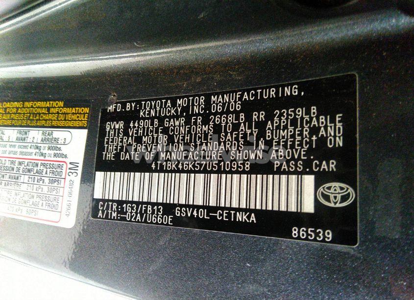 Photo 9 of 2007 Toyota Camry LE V6 (VIN 4T1BK46K57U510958)
