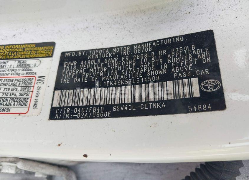 Photo 9 of 2007 Toyota Camry LE V6 (VIN 4T1BK46K57U514508)