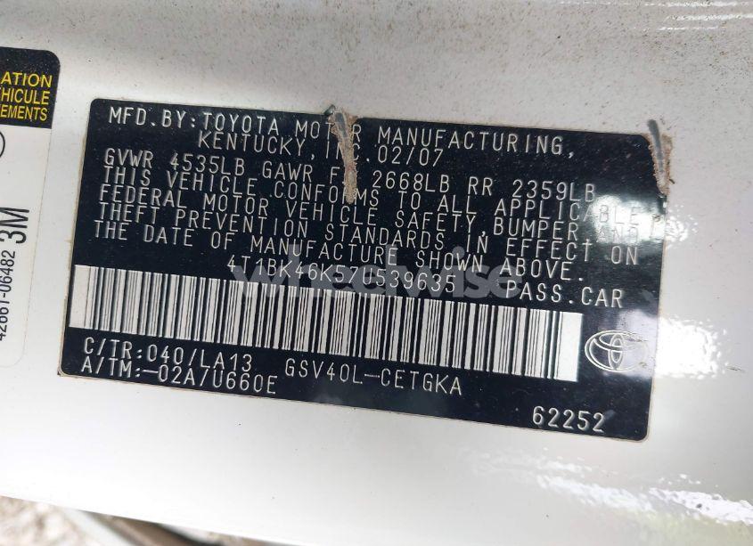 Photo 9 of 2007 Toyota Camry XLE V6 (VIN 4T1BK46K57U539635)